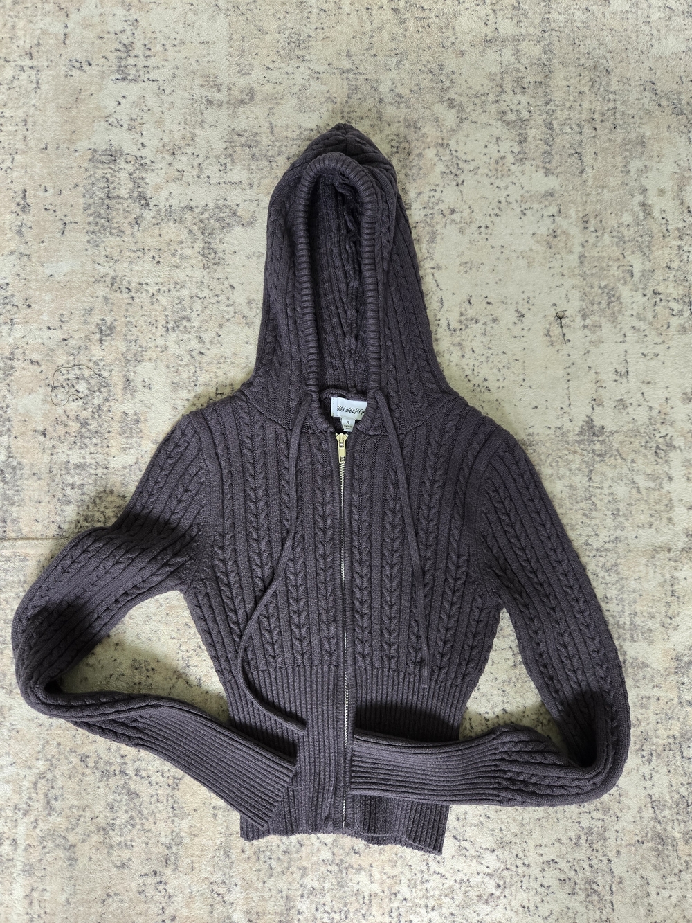 Zip-Front Hooded Cable Knit Cardigan Sweater - Grey